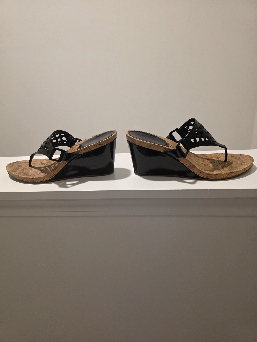 Coach Black Patent Wedge Sandals with Cork Footbed
